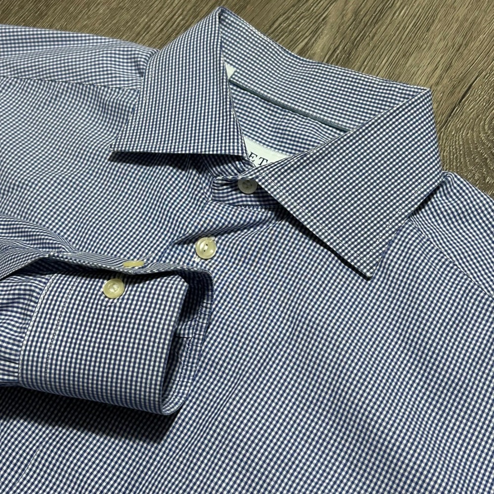 Eton Dress Shirt 41 16 Blue Gingham Contemporary Fit Long Sleeve Button Up Shirt